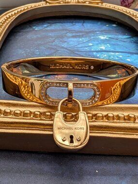 Michael Kors designer vintage Lock Charm rhinestone gold cuff bangle bracelet